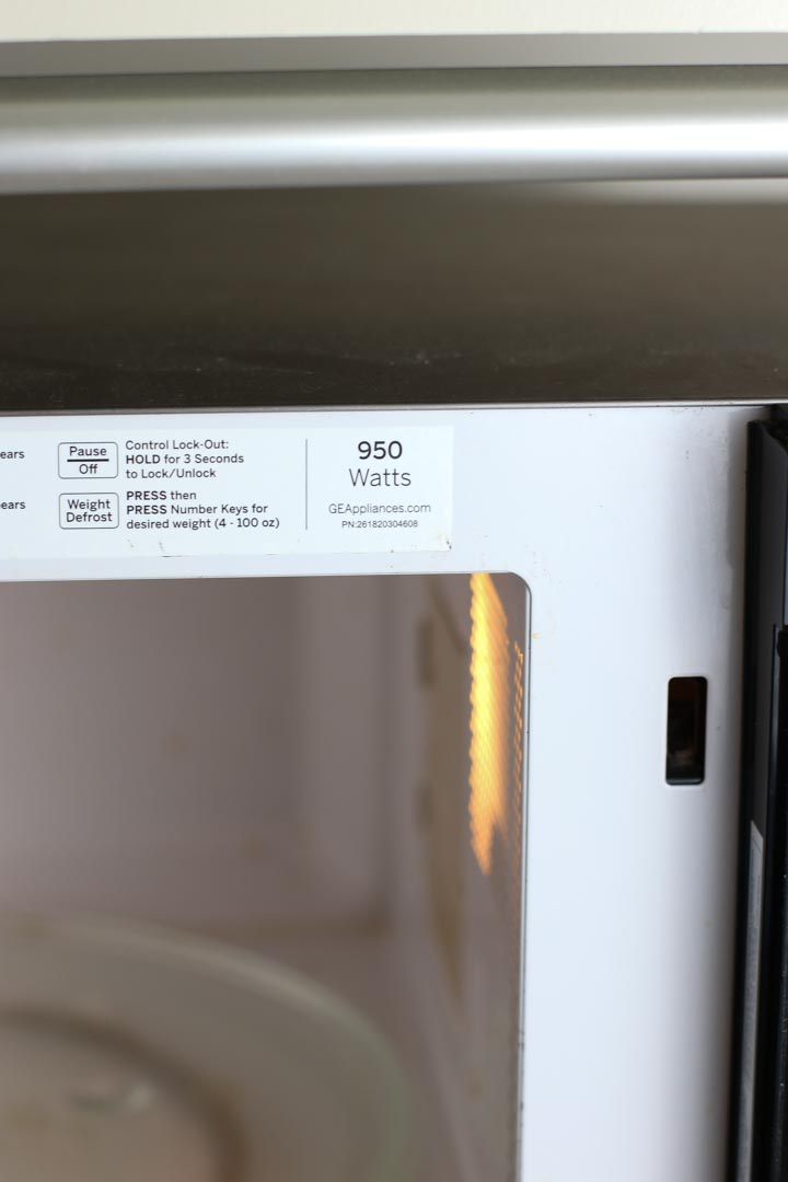 Close up of the Wattage label on the microwave