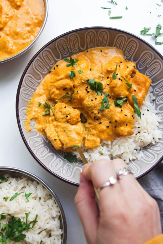 Chicken korma in a bowl over rice, with more curry on the side.