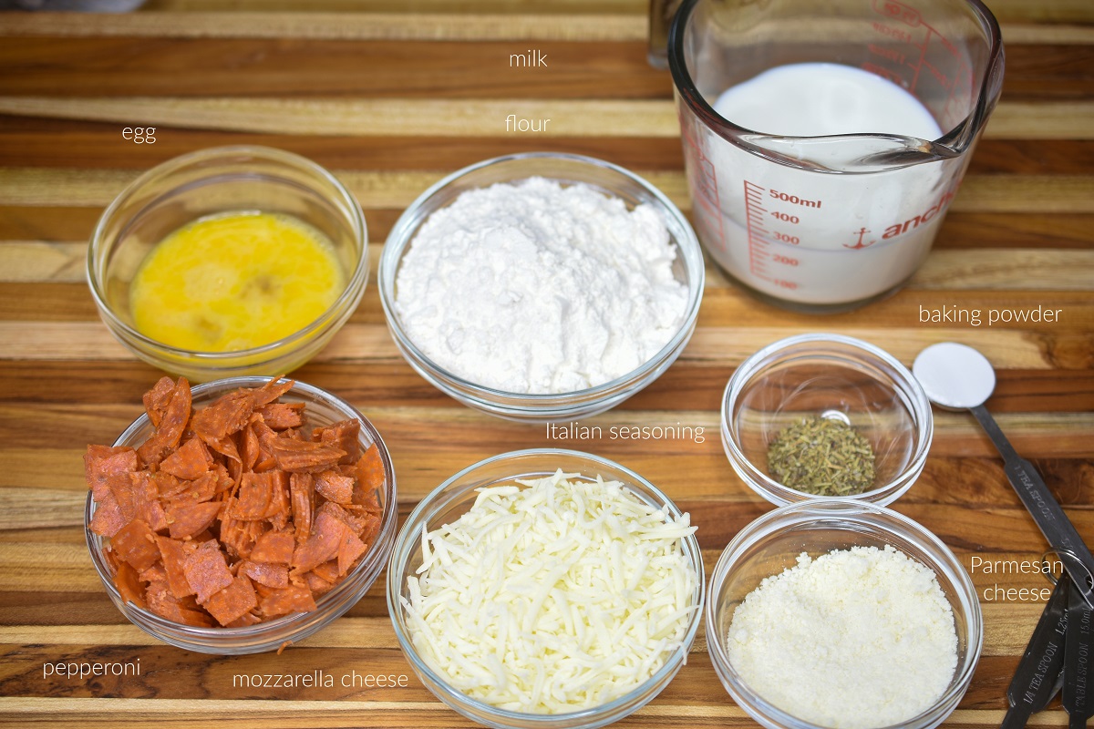 Ingredients to make Easy Homemade Pepperoni & Cheese Pizza Muffins