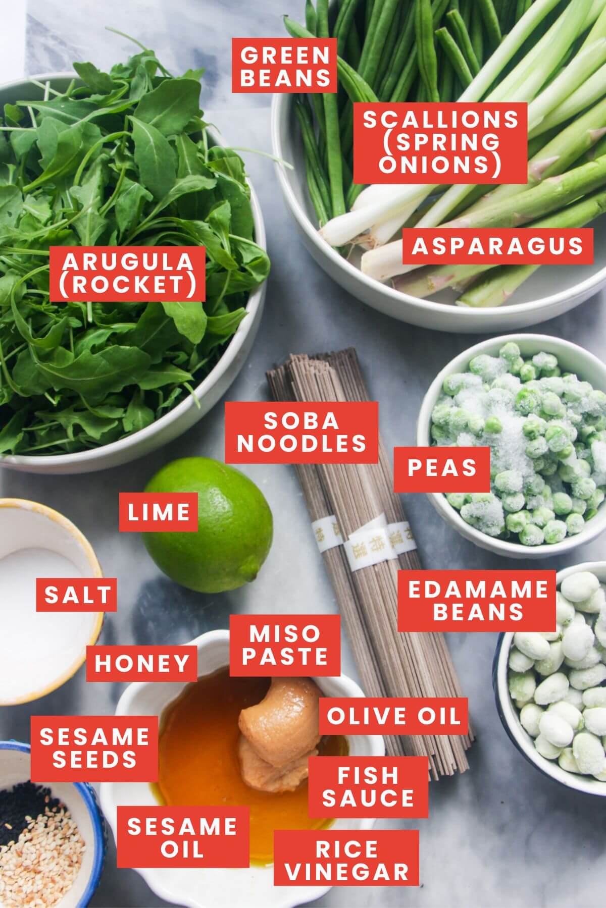 Ingredients for Asian noodle salad laid out and labelled.