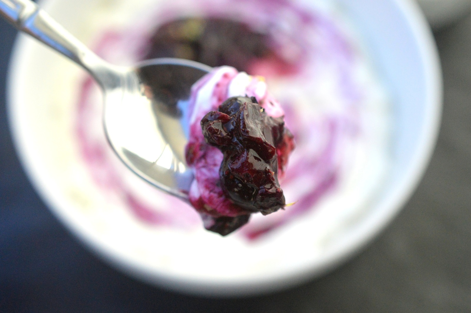 Blueberry Yogurt Swirl recipe on spoon (low or no sugar)
